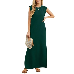 Damen Sommer Maxi-Kleid in Dunkelgrün, ärmellos mit Rundhalsausschnitt, lockere Passform
