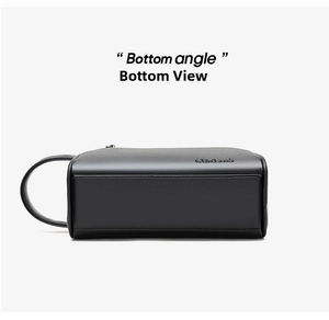 Detailed bottom view of the men's black lychee pattern leather clutch bag with carry handle
