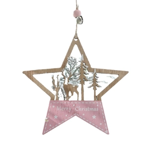 Pink and natural wood Christmas star ornament featuring reindeer and Merry Christmas text
