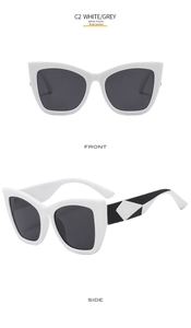 Front and side view of cat-eye sunglasses with white frame and color-block temples