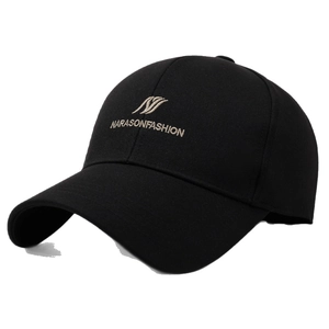 Classic black cotton baseball cap with gold NARASONFASHION embroidery in front view