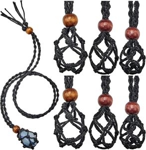 Detail of adjustable black woven necklace cord with wooden beads and stone holder pouch