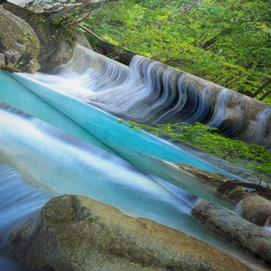 Detailed fabric texture of nature tapestry with waterfall and lush forest print