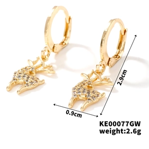 Detail view of gold elk earrings with white rhinestones and clear size measurements