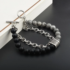Detail of double-layer bracelet with tiger eye beads, silver chain and T-bar toggle clasp