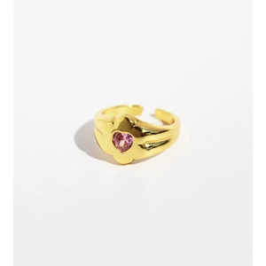 Adjustable gold open ring featuring a sparkling pink heart-shaped zircon gemstone