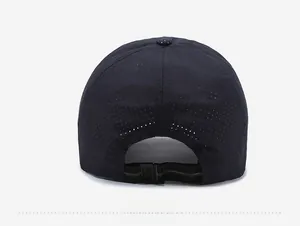 Detail of laser-cut breathable holes and adjustable plastic buckle on the sports cap back