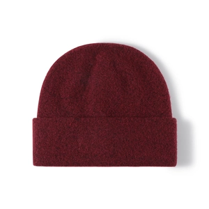 Classic knitted burgundy winter beanie with ribbed cuff for women, soft warm headwear