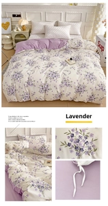 Close-up of lavender floral print fabric and corner ties on a soft cotton duvet cover