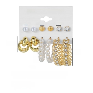 Detail of 6-pair gold alloy earring set with faux pearls and crystals on card display