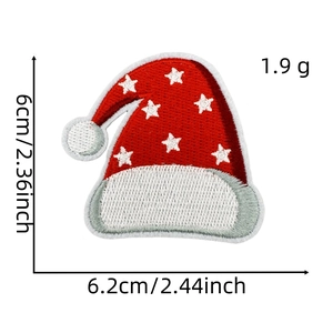 Detailed embroidery texture of 6cm Christmas hat patch with size and weight specs