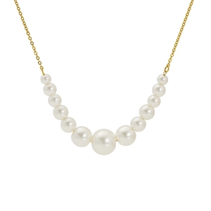 Detail view of a gold chain necklace with 11 symmetrical white gradient pearls