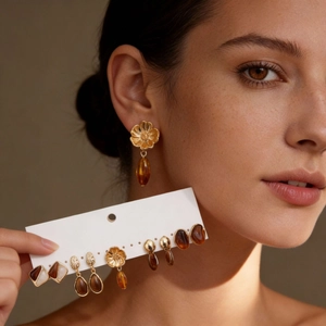 Retro Maillard Brown Amber Alloy Resin Earrings Floral Geometric Water Drop With Silver Earring Post For Women