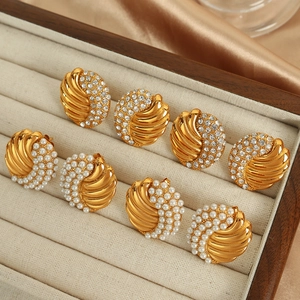 Vintage Shell Stud Earrings Stainless Steel With Imitation Artificial Pearl And Rhinestone Spiral Texture Jewelry For Women