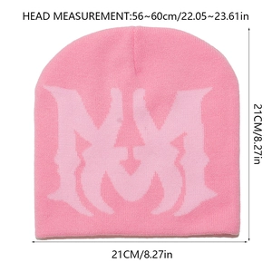 Pink knit beanie with letter M jacquard detailing showing 21x21cm size dimensions