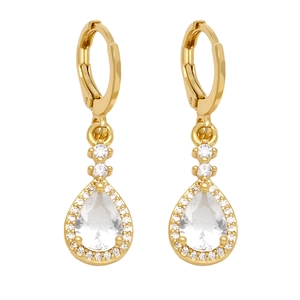 Fashionable gold lever-back earrings featuring pear-cut cubic zirconia teardrop pendants