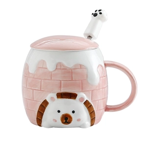 Cute pink ceramic hedgehog mug set with lid and spoon for office coffee or tea time