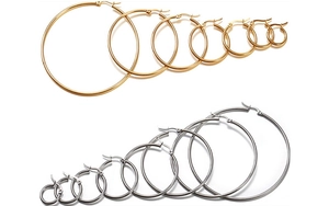 Classic stainless steel hoop earrings in gold and silver showing seven different sizes