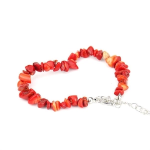 Detail view of natural red crystal gravel bracelet with adjustable silver lobster clasp