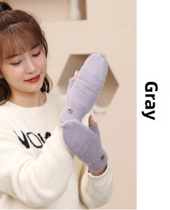 Detailed close-up of grey faux mink flip top mittens with warm knitted texture and button