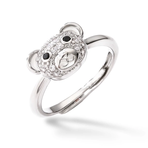 Adjustable silver bear ring featuring clear crystals and black stone eyes on white background