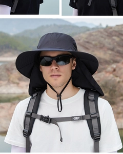 Detailansicht des schwarzen Outdoor-Sonnenhuts mit verstellbarem Windseil und Nackenschutz