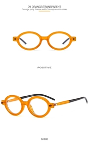Detailed views of jelly orange oval sunglasses with black temples and clear lenses