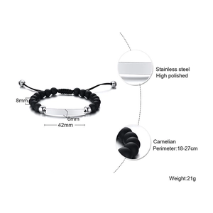 Verstellbares Herren-Armband aus matten Onyx-Perlen mit polierter Edelstahlplatte