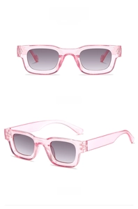 Detailed macro view of pink transparent rectangle sunglasses with gray gradient lenses