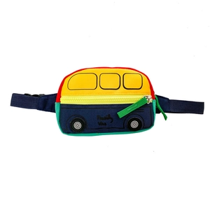 Cute cartoon bus shaped crossbody chest bag for kids in bright multi-color patchwork style
