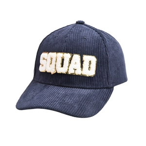 Navy blue corduroy baseball cap with SQUAD embroidery on a plain white background