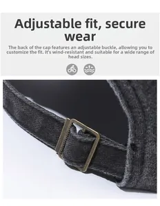 Detail of adjustable brass buckle on vintage washed cotton baseball cap for men and women