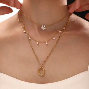 Stainless Steel Multilayer Necklace With Shell Artificial Pearls Flower And Oval Pendant 18K Gold Plated Elegant Jewelry For Women
