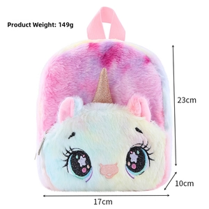 Front view of unicorn plush backpack with dimensions 23x17x10cm and weight 149g