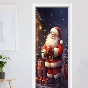 Christmas Santa Claus Door Sticker PVC 3D Self Adhesive Snowy Night Mural For Home Living Room Bedroom Holiday Decoration