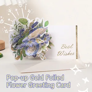 3D watercolor floral greeting card with gold stamping and envelope for birthday gift