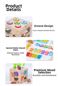 Detail of wooden Montessori toy box with magnetic fishing and carrot harvest activities