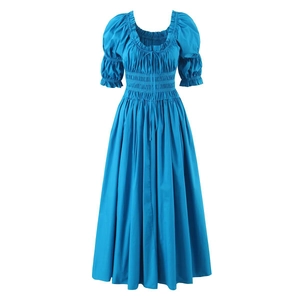 Robe Rétro Française En Pur Coton À Manches Bouffantes Col Carré Taille Haute Élastique Smockée Ligne A Robe Longue Décontractée
