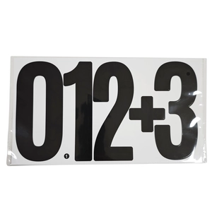 Close-up of black 6-inch waterproof number stickers 0 1 2 3 with decimal and plus signs