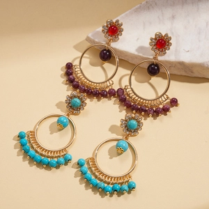 Bohemian round fringe earrings with rhinestones and colorful turquoise beads