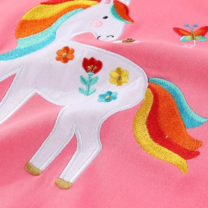 Pink girls' sweatshirt with detailed rainbow unicorn and butterfly embroidery