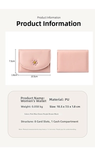 Pink PU leather tri-fold wallet for women with daisy embroidery and 8 card slots