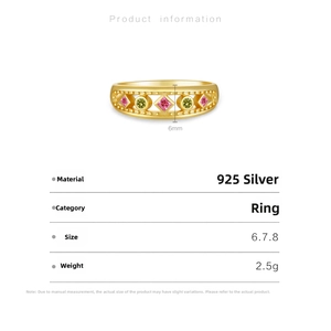 Detail view of gold S925 silver ring with pink and green zircon stones and measurements