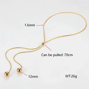 Gold lariat snake chain necklace with 12mm adjustable beads and sliding buckle