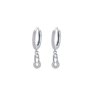 S925 sterling silver safety pin earrings with sparkling pavé cubic zirconia diamonds