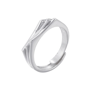 Close-up of silver geometric layered ring with a sleek three-tier hollowed-out fan design