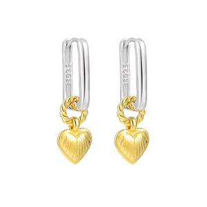 S925 sterling silver rectangular earrings with textured golden heart charms in mixed colors