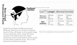 Size chart for camo fishing hat with measurement guide for men and women head sizes