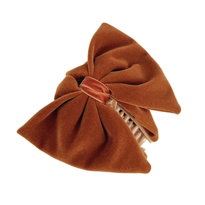French velvet bow hair claw clip in caramel brown with large ribbon design for women