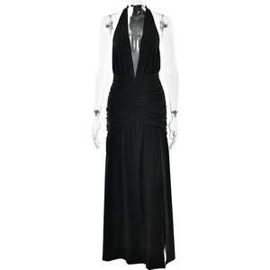 Sexy black glitter maxi dress with halter V-neck and high side slit for women